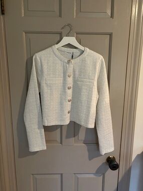 Cropped White Tweed Button-Front Jacket/Shirt